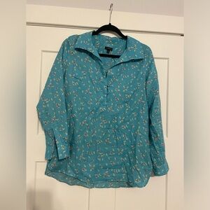Talbots Womens Size Small Teal Floral Long Sleeve Blouse Shirt Top